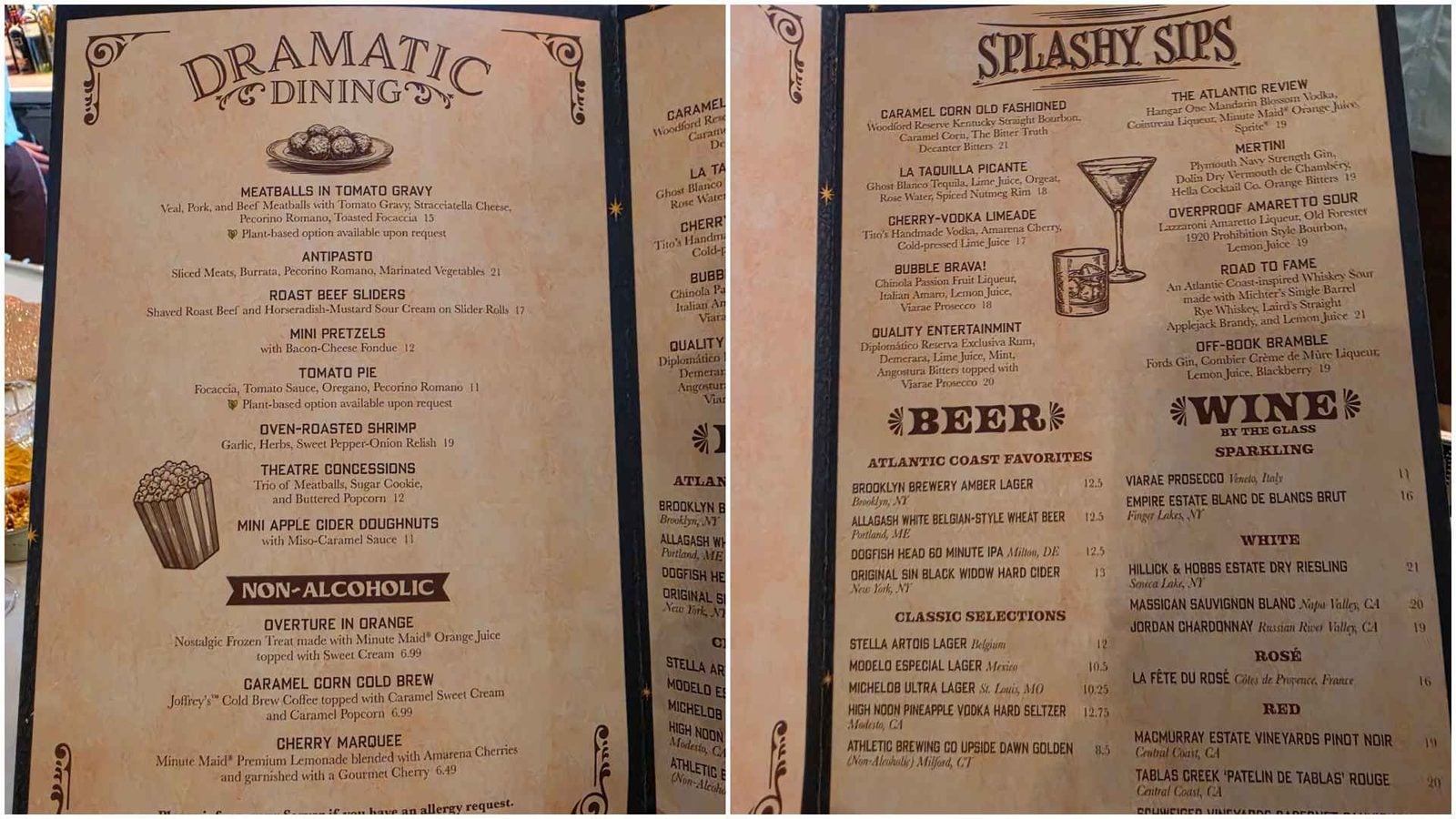 Open two page menu left page titled Dramatic Dining with food items right page titled Splashy Sips with drinks and decorative borders