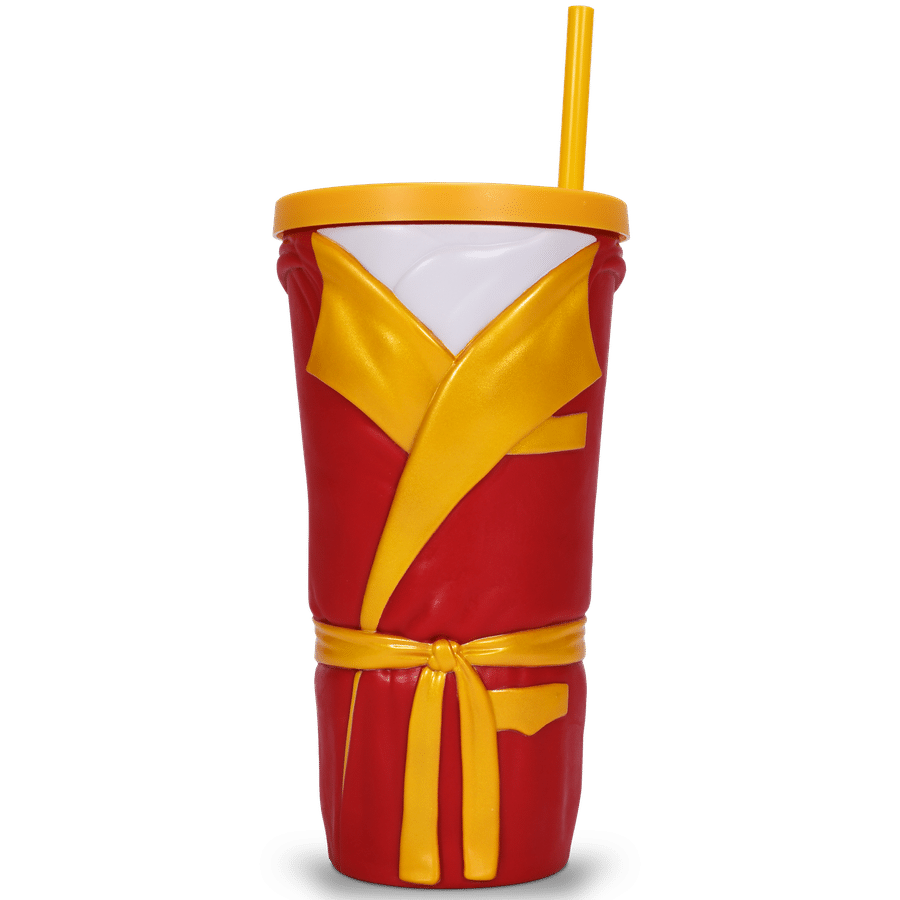 Red plastic cup dressed in a yellow superhero outfit with a yellow straw shown from the top half against a plain background