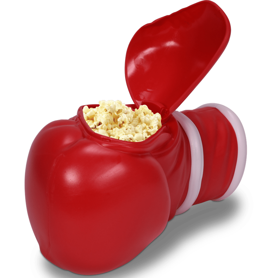 Open red popcorn tin brimming with buttered popcorn in a halfopen lid