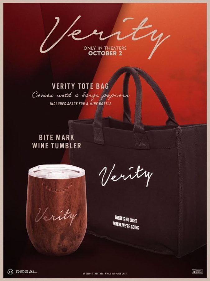Promotional poster for the film Verity featuring a black tote bag with the Verity logo and a wood grain wine tumbler against a red orange background with release text visible