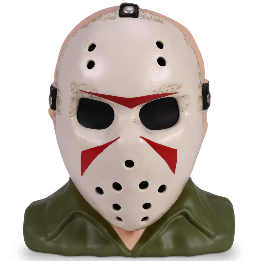 White hockey mask with black eye holes and red chevron designs wearing a dark green hooded outfit close up view