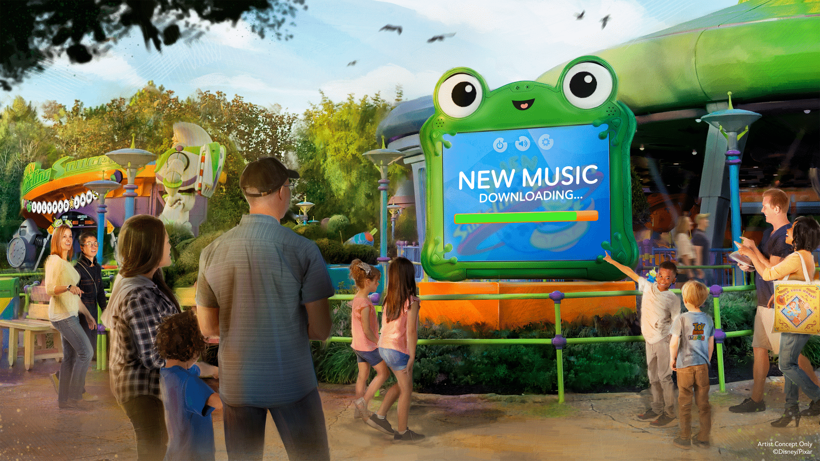 Colorful theme park scene with a large frog shaped screen displaying'NEW MUSIC DOWNLOADING...' and a progress bar, surrounded by visitors.