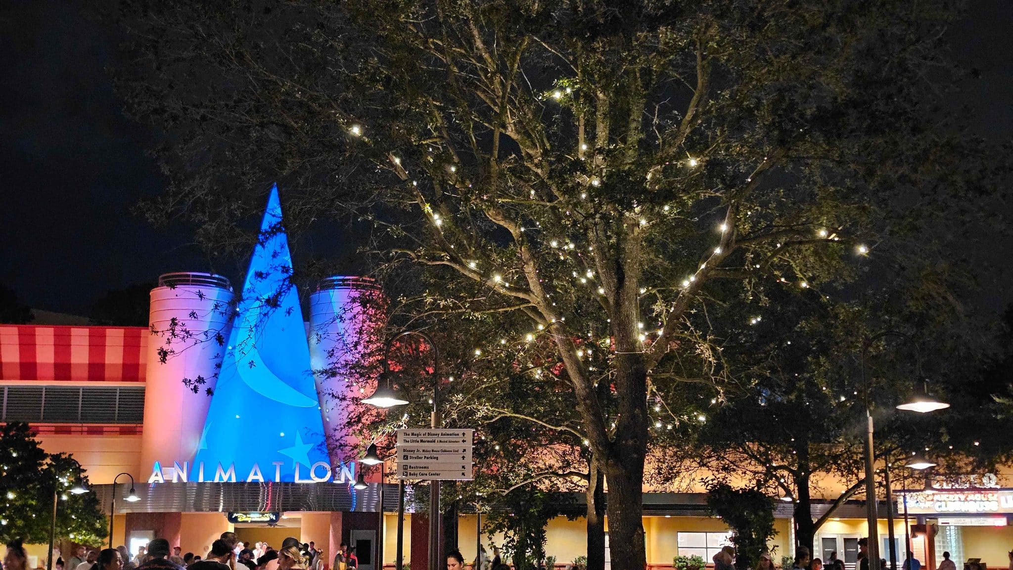Magic of Disney Animation Courtyard Fully Lit at Night for First Time