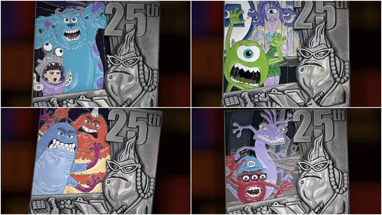 Four panel collage featuring colorful cartoon monsters attached to a gray statue frame marked 25th
