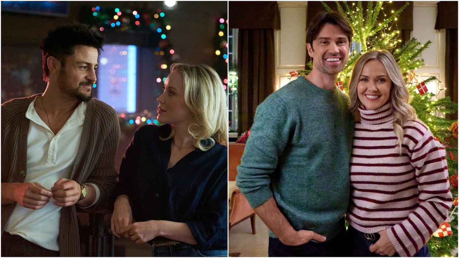Two panel collage left shows a man and woman talking in a warmly lit bar with colorful bokeh lights right shows a smiling couple posing indoors beside a lit Christmas tree