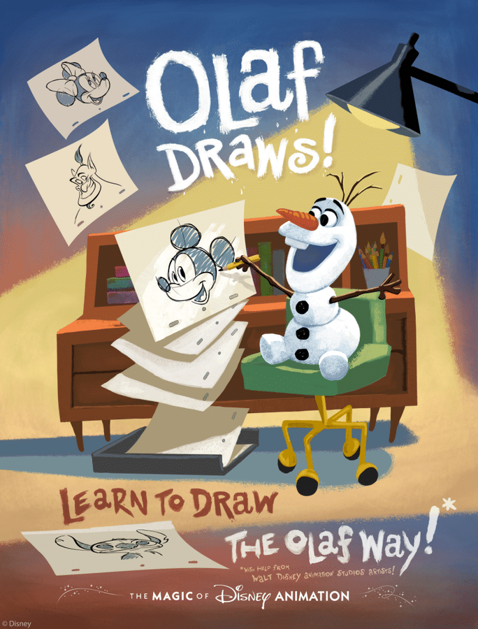 Promotional poster for Olaf Draws Learn to draw Olaf with Olaf drawing pictures at a desk surrounded by sketches