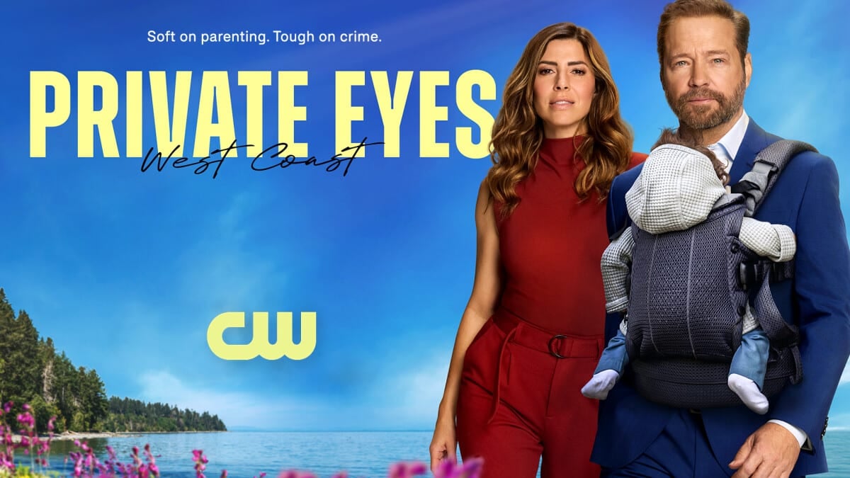 Poster for the TV show Private Eyes West Coast a woman in red stands beside a man in a blue suit carrying a baby in a front carrier against a blue sky and ocean backdrop