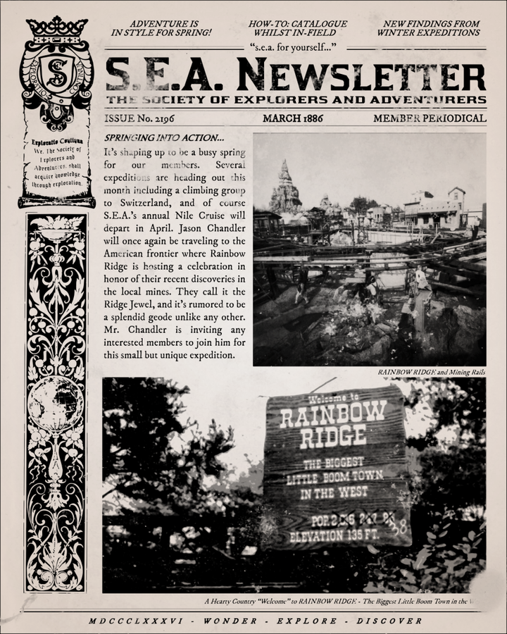 Front page of the SEA Newsletter with an ornate left border large headline and two black and white photos of Rainbow Ridge mining