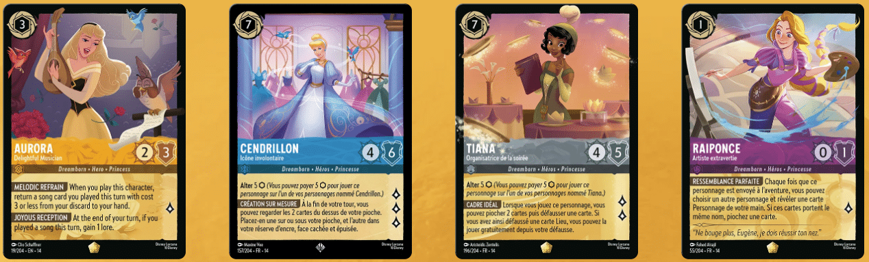 Row of four Disney inspired character cards Aurora Delightful Musician leftmost Cinderella in a blue gown second Tiana in a sunset setting third and Rapunzel with a bow on the right