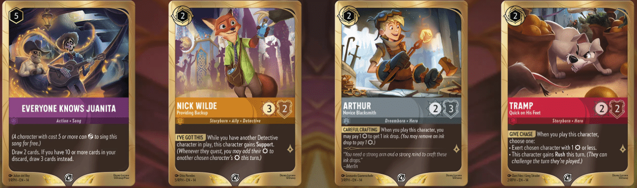 Row of four collectible game cards with gold borders featuring Everyone Knows Juanita Nick Wilde Arthur and Tramp against a warm purple toned background