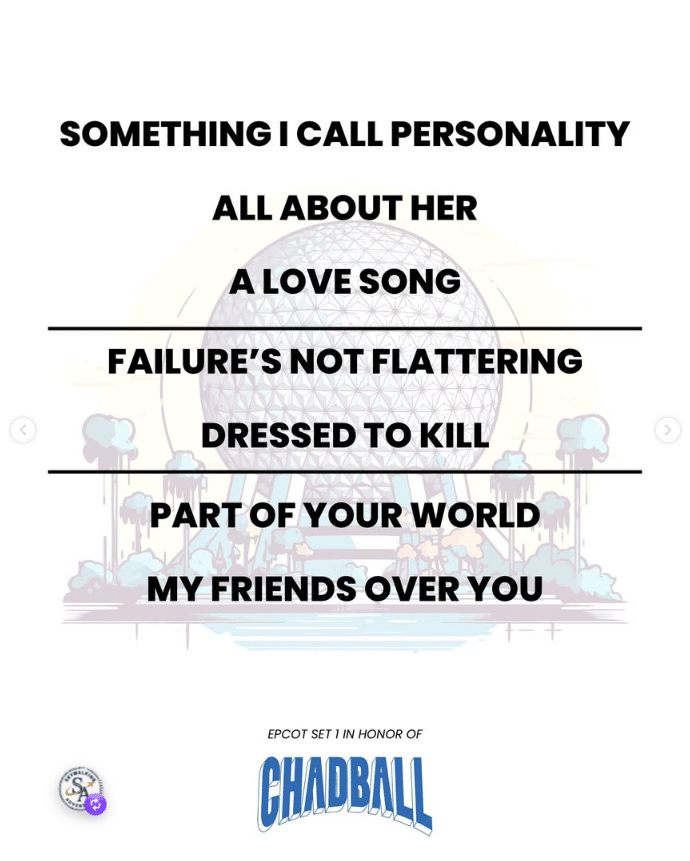 Poster style image with bold stacked song titles separated by lines background shows an EPCOT like geodesic sphere and palm trees honoring Chadball