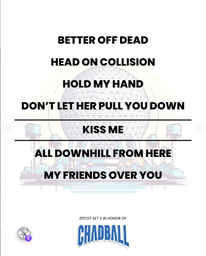 Poster style image with bold all caps song lyrics stacked across a pale geometric sphere background includes small EPCOTChadball themed logos at the bottom