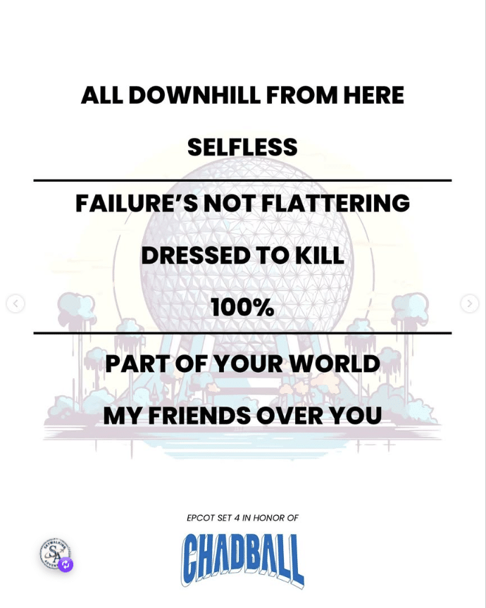 Bold typographic poster with stacked uppercase lines All downhill from here Selfless Failures not flattering Dressed to kill 100 Part of your world My friends over you over a pale geometric globe background in honor of Chadball at EPCOT Set 4