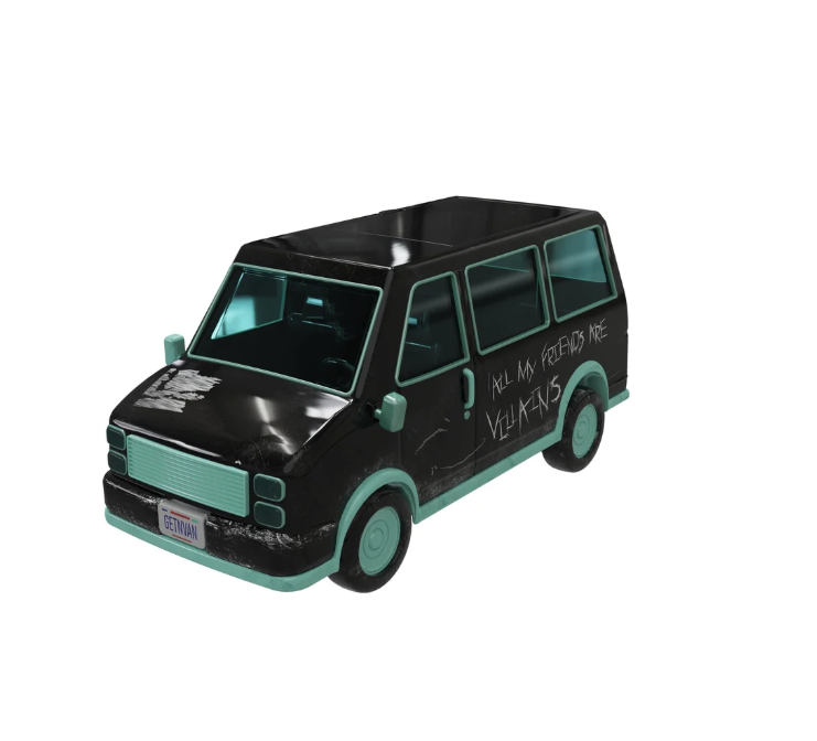 Black toy van with teal trim and graffiti style writing on the side showing minor scuffs on a white background