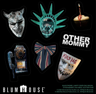 Collage of horror themed patches on black masks a bow tie a dripping cupcake Other Mommy badge Kiss Me teeth patch a vintage phone and the Blumhouse logo