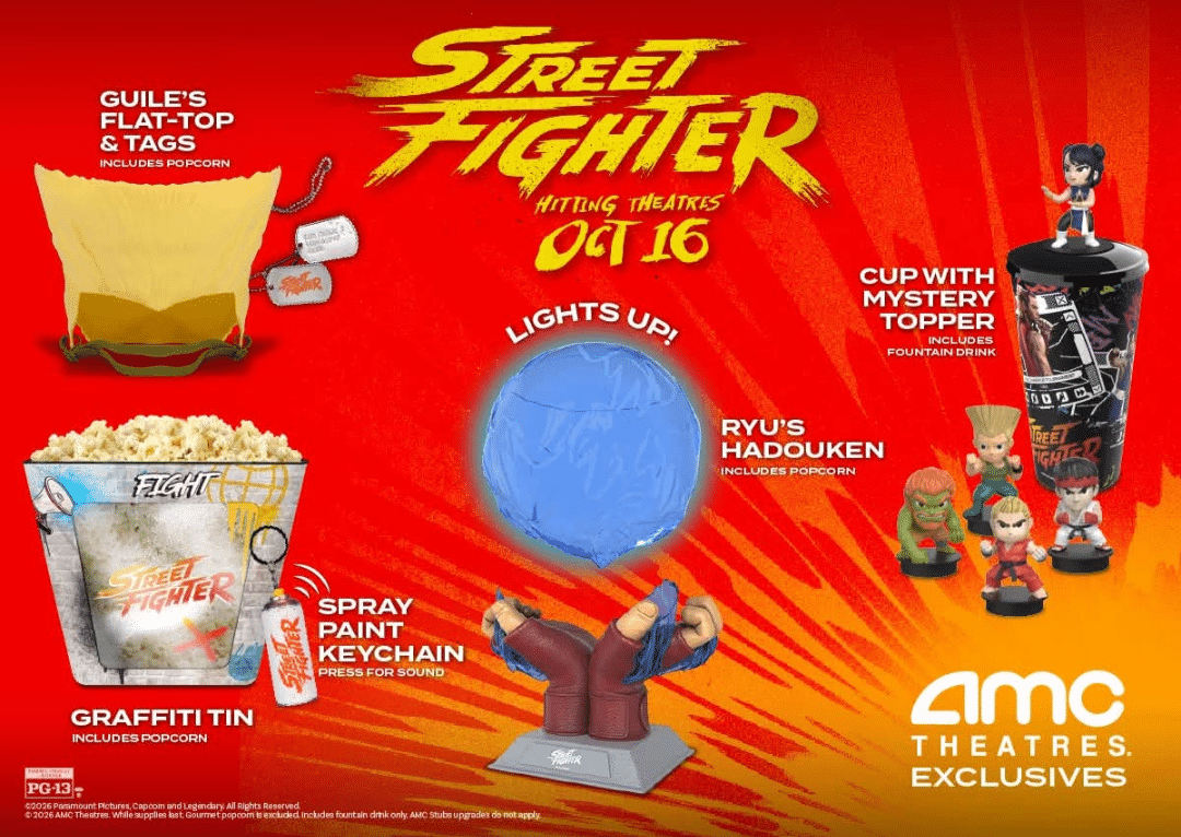 Street Fighter promotional poster for AMC Theatres showcasing themed merch like popcorn tin cup keychain spray mini figures and a blue Hadouken orb at center