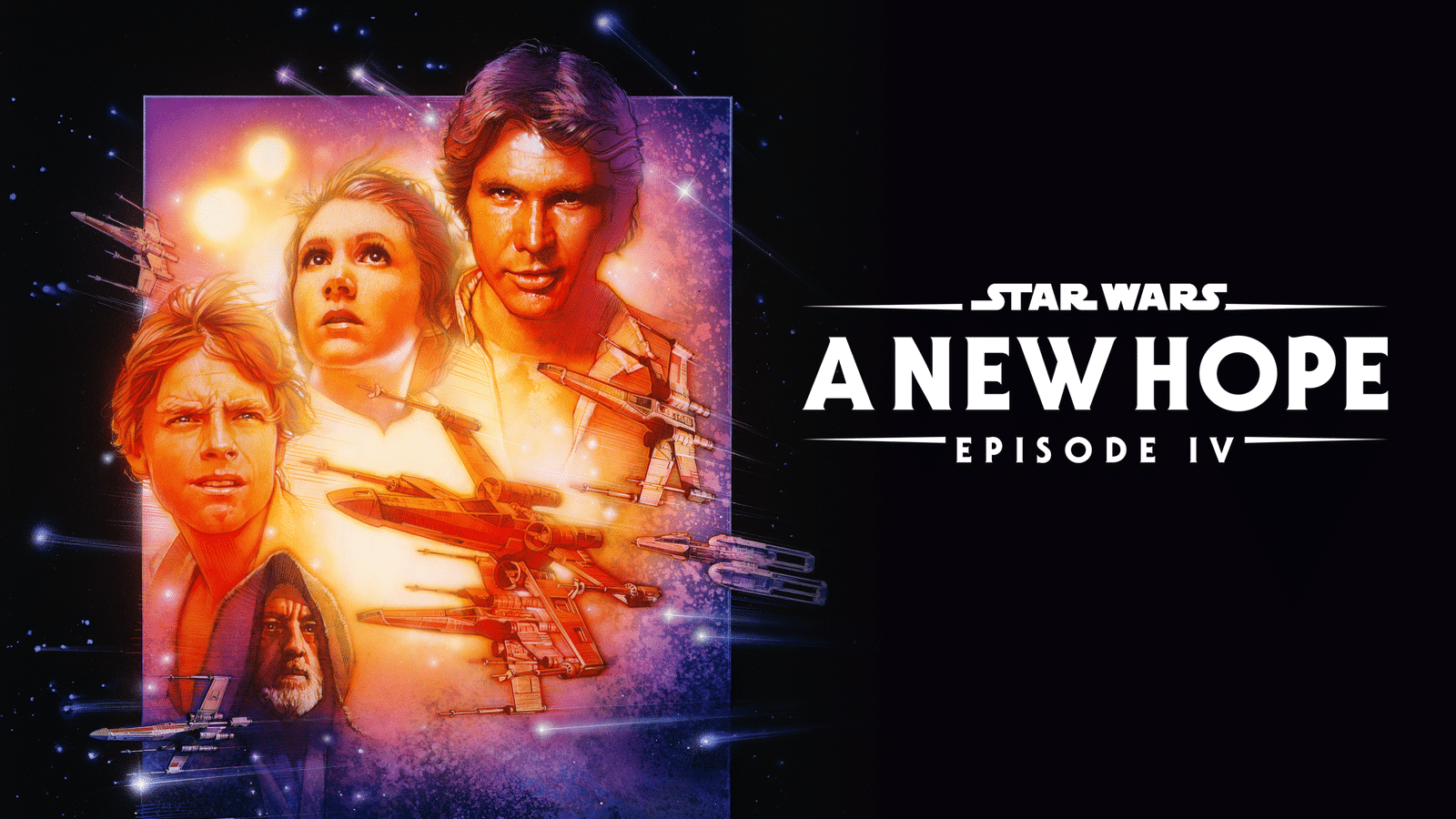 Star Wars A New Hope Episode IV poster art with a collage of characters and space battle imagery against a dark background