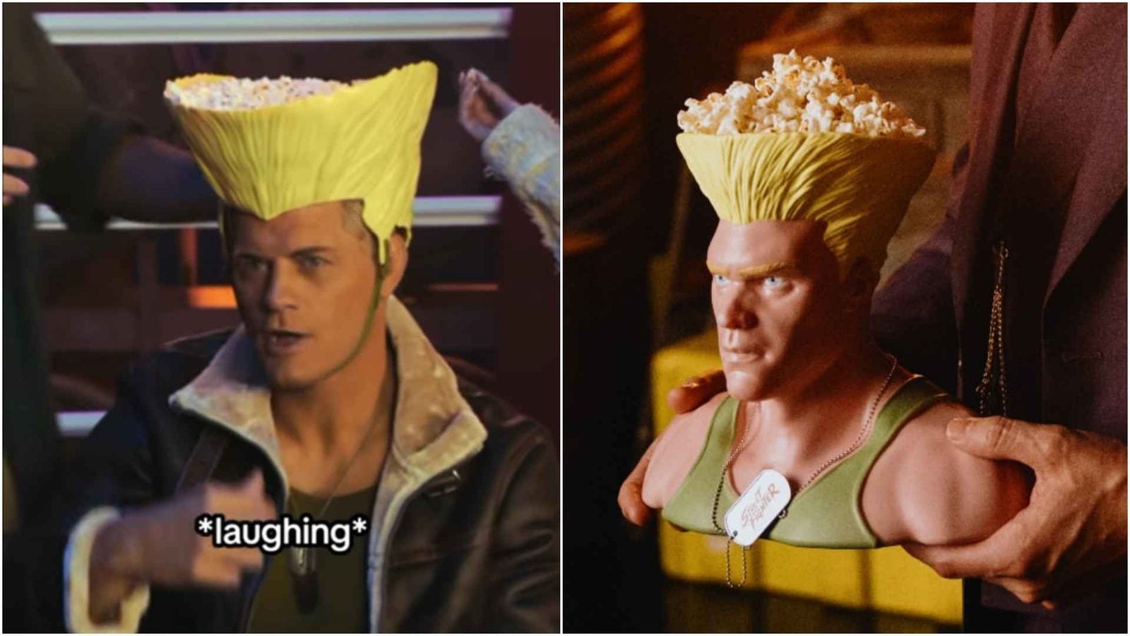 Two panel meme left shows a man with a yellow popcorn hat and a laughing expression right shows a muscular action figure wearing a popcorn hat with a hand on its shoulder