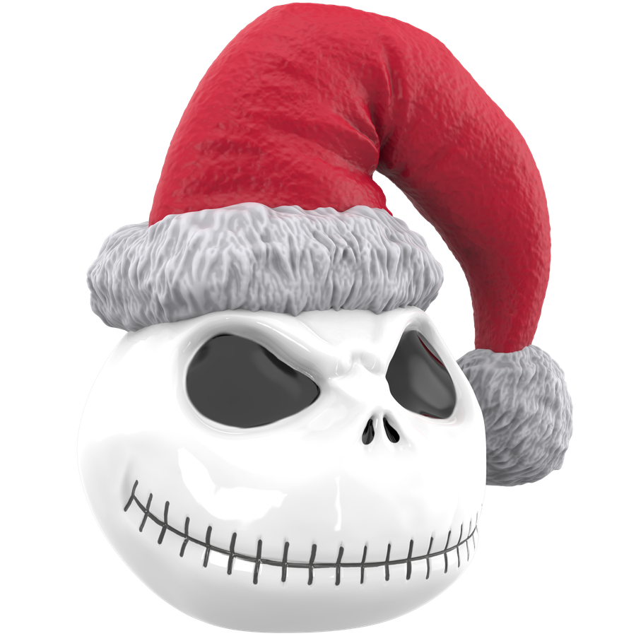 Close up of a white skull wearing a red Santa hat with white fur trim festive and slightly spooky