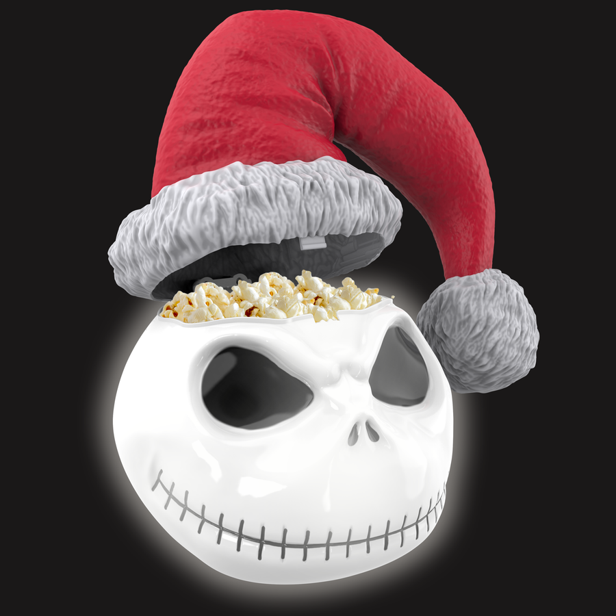 Skull wearing a red Santa hat with popcorn around its head against a black background creating a festive macabre vibe