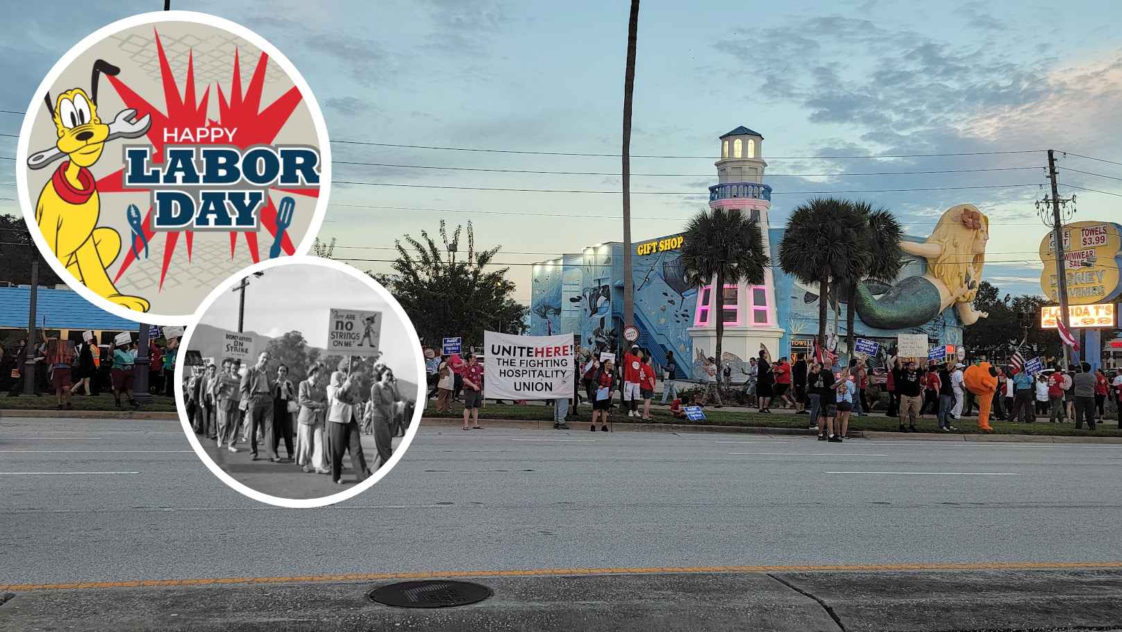 Parade on a city street with marchers and union signs; a large 'Happy Labor Day' graphic is overlaid on the left side.