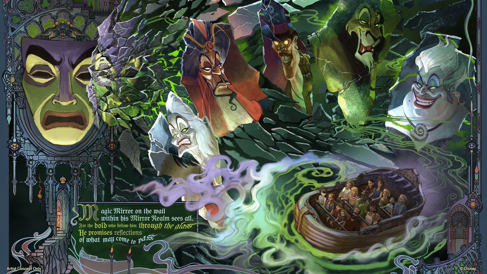 Collage of fairy tale villains bursting from a cracked mirror with a boatful of children floating through green swirling magic