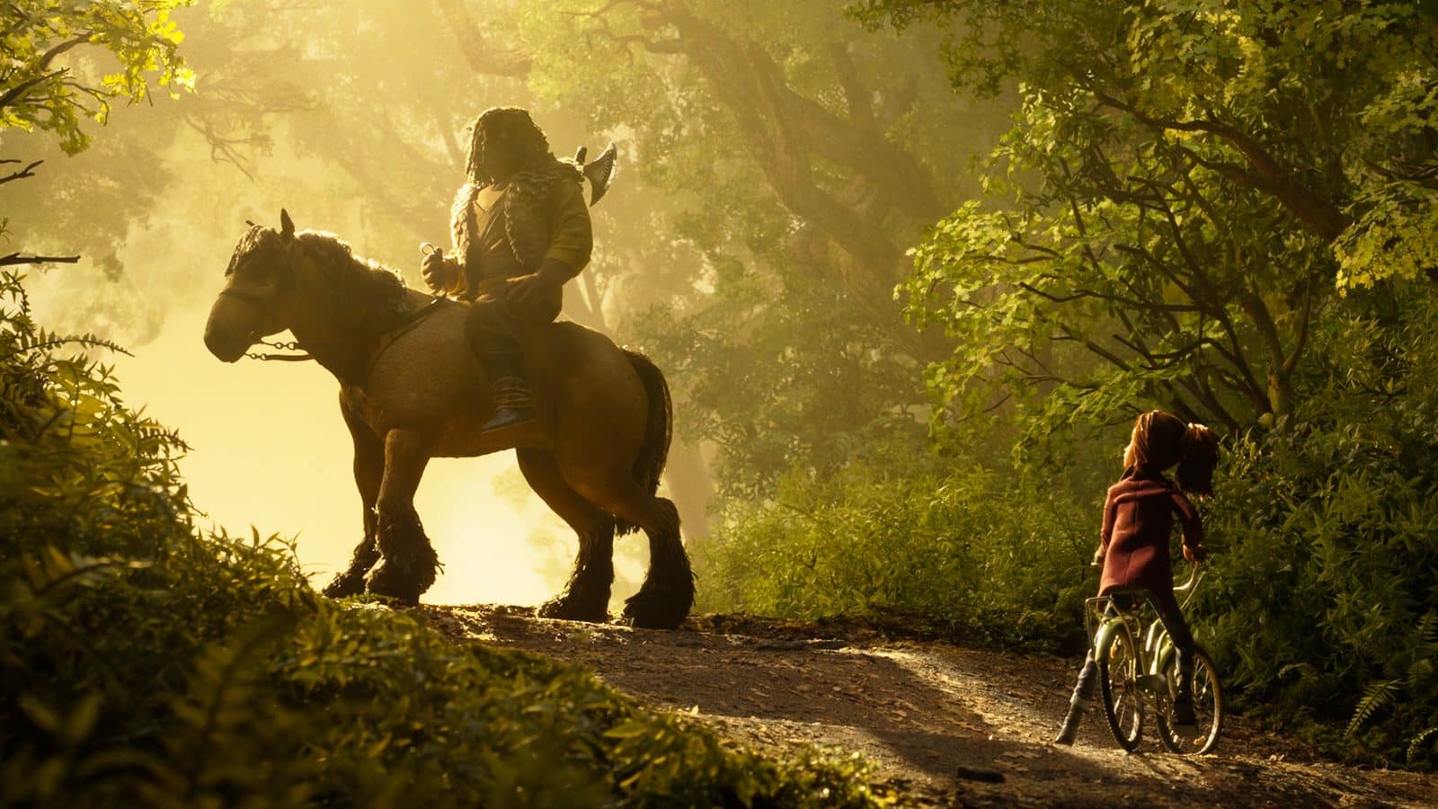 Mounted warrior in fur armor on a horse with an axe riding through a sunlit forest as two children ride bicycles nearby