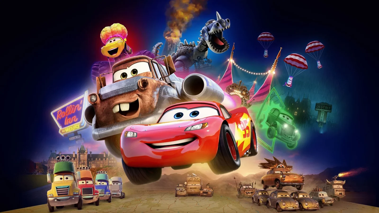 compose Fantasy Land News Lightning McQueen and Mater lead a high speed colorful chase with friends and carnival backdrop from a Cars movie poster