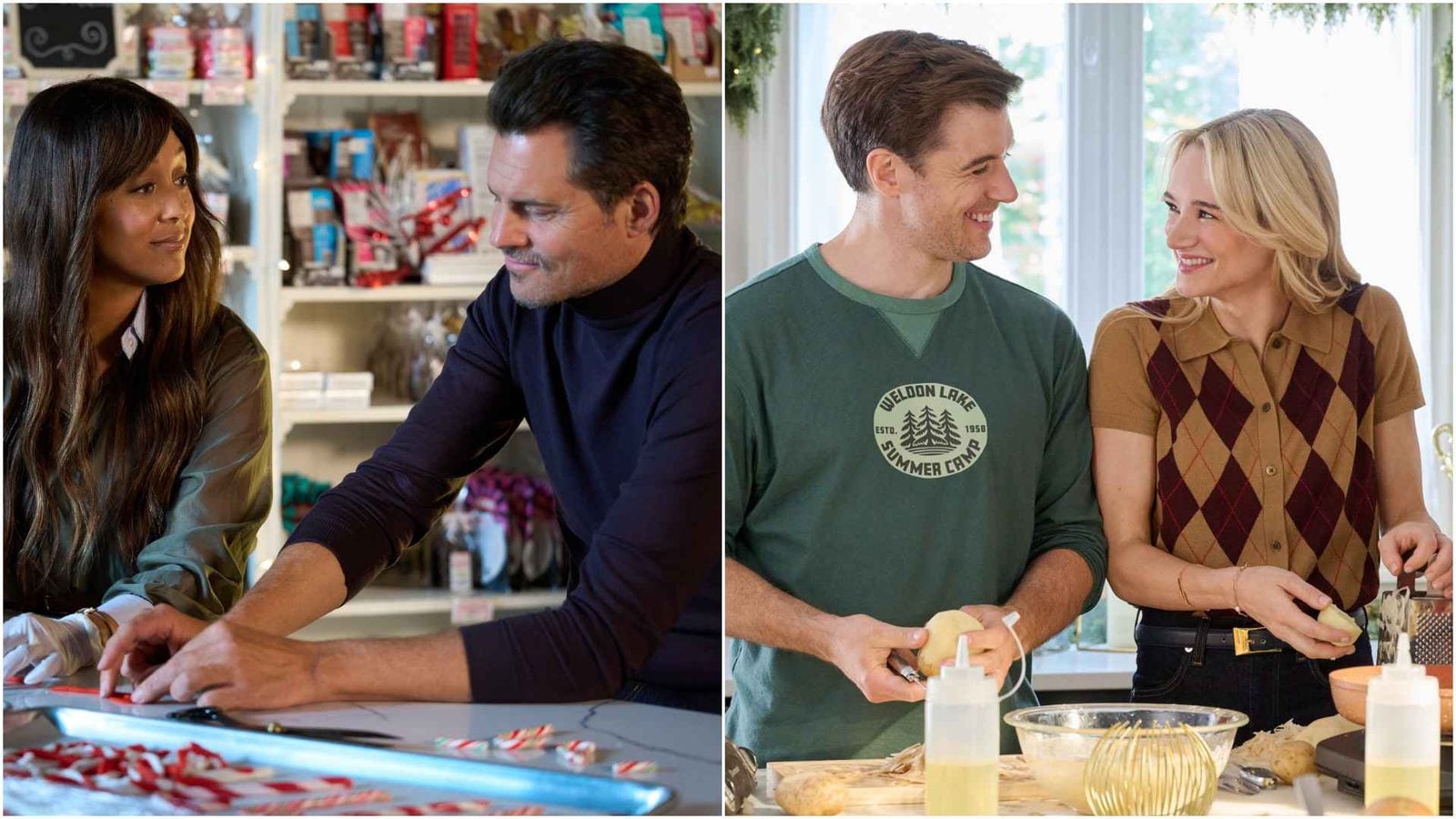 Man and woman in a shop leaning over a table sorting candy with shelves of treats in the background