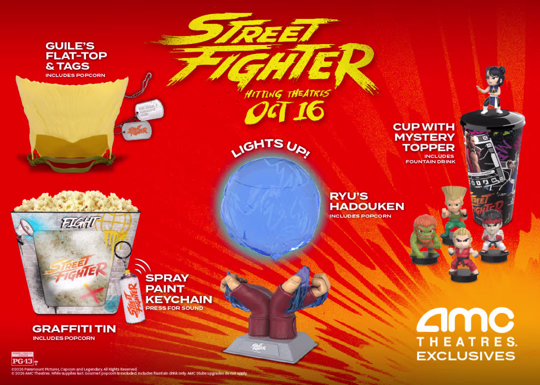 Street Fighter at AMC promo collage popcorn tin graffiti tin spray paint keychain blue Hadouken balloon Ryu figures and a mystery top cup cup