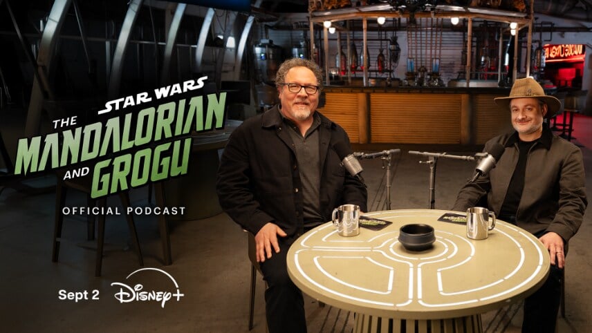 Promo image for The Mandalorian and Grogu official podcast two hosts sit at a round table with microphones logo on the left