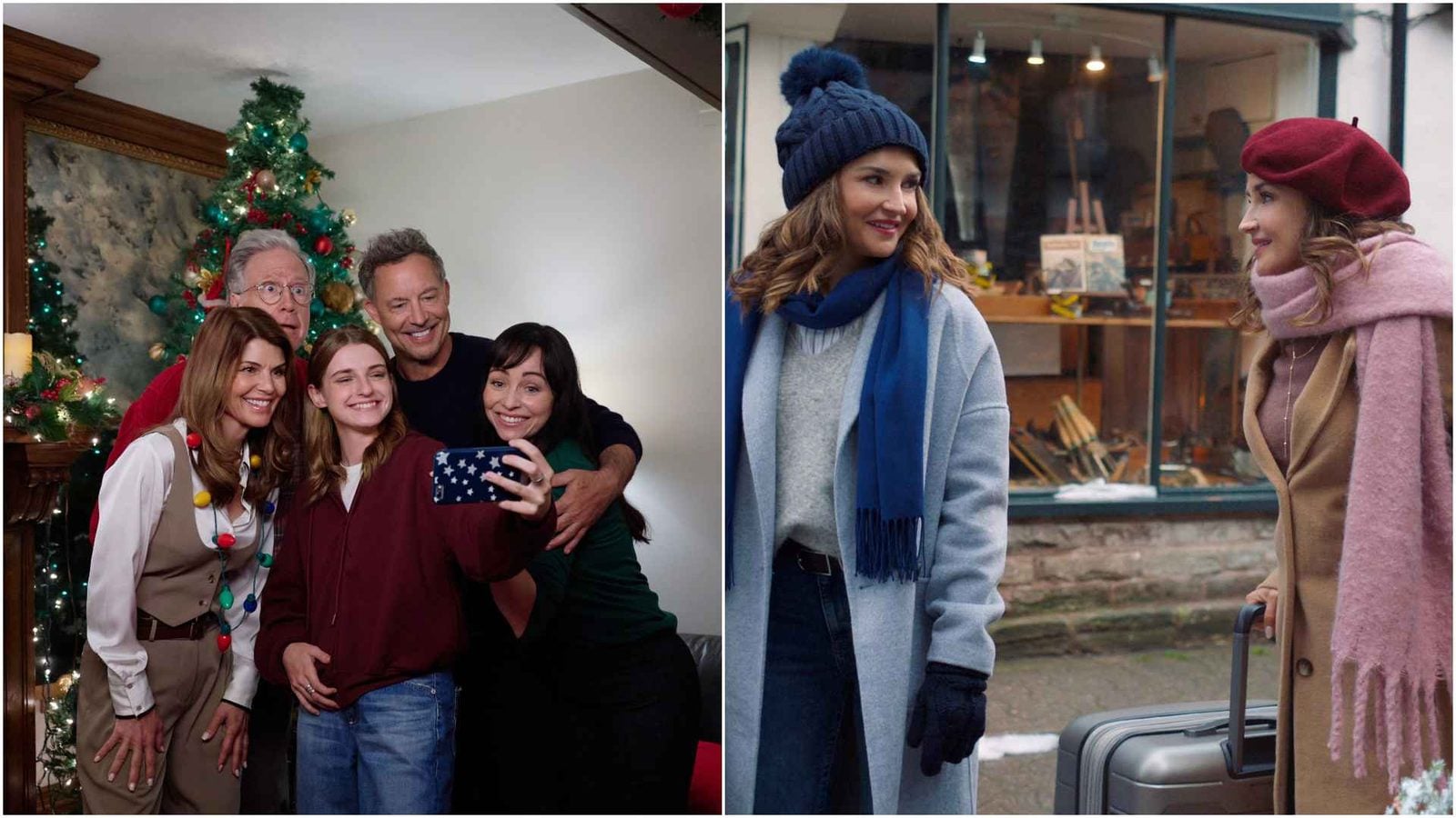 Group of five adults taking a festive selfie in a living room with a decorated Christmas tree in the background smiling for the photo COMPOSED
