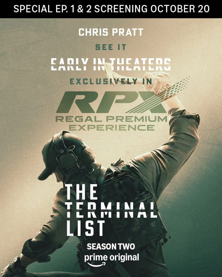 Promotional poster for The Terminal List season 2 featuring a soldier raising a gloved fist with text about early access and RPX