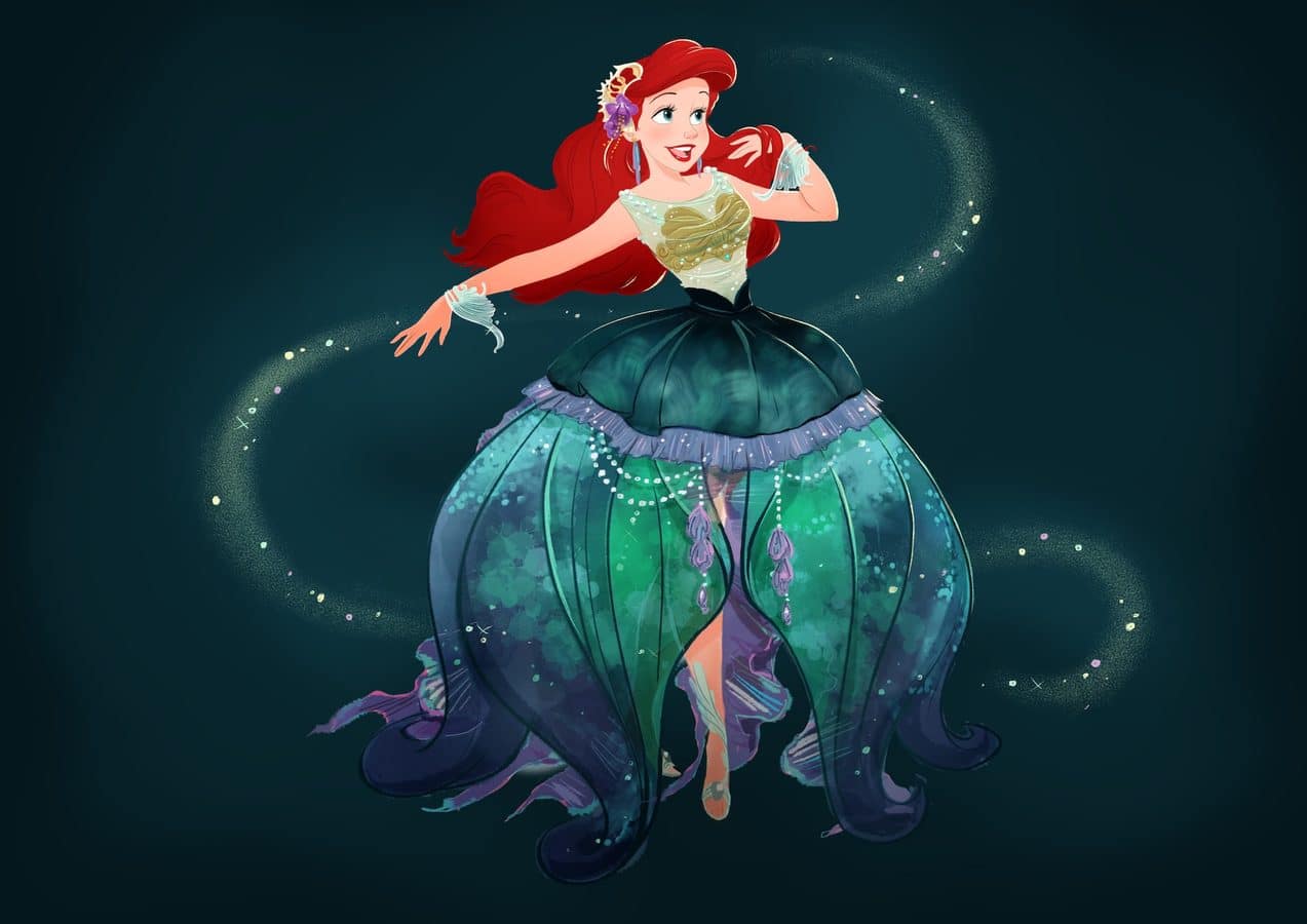 Cartoon princess with long red hair in a teal green ball gown dancing underwater surrounded by glowing swirls and sparkles