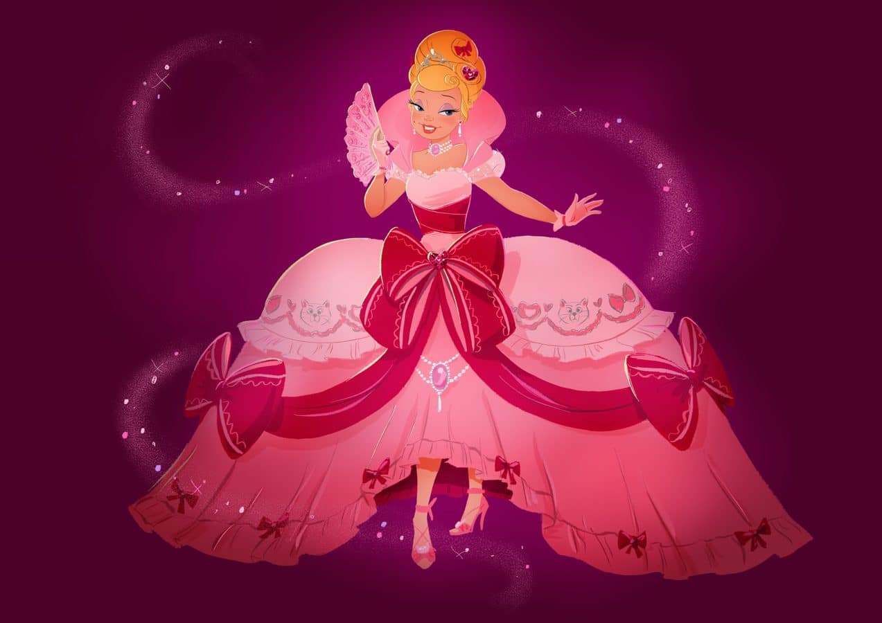 Cartoon princess in a voluminous pink ball gown posing with a pink fan against a magenta background