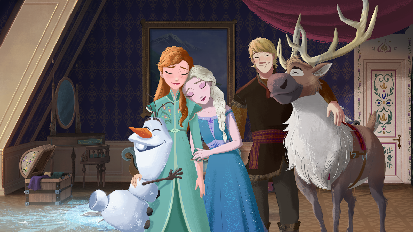 Elsa and Anna embrace Olaf the snowman while Kristoff and Sven stand together in a wainscoted patterned room