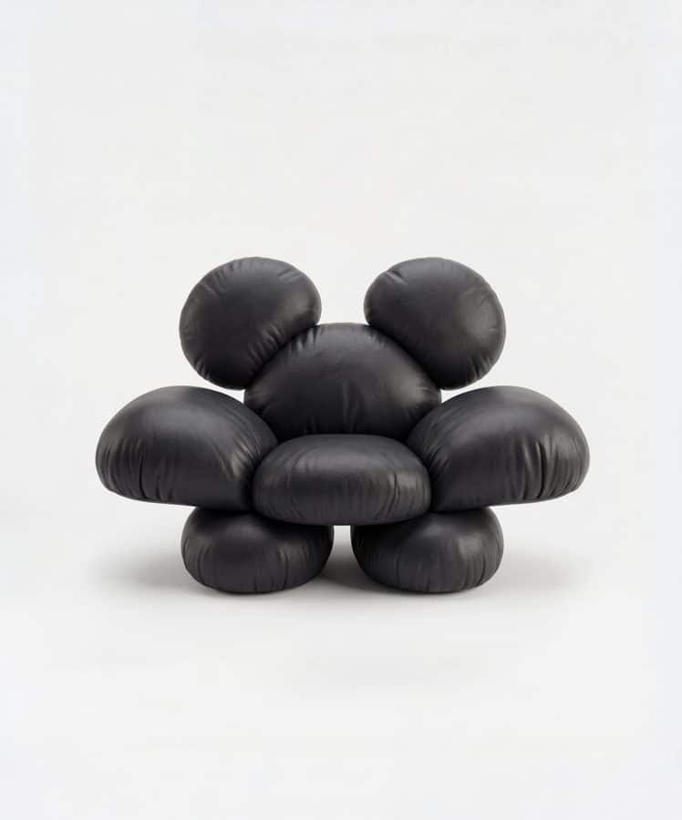 Black leather bubble chair made of rounded cushions arranged into a low playful seat