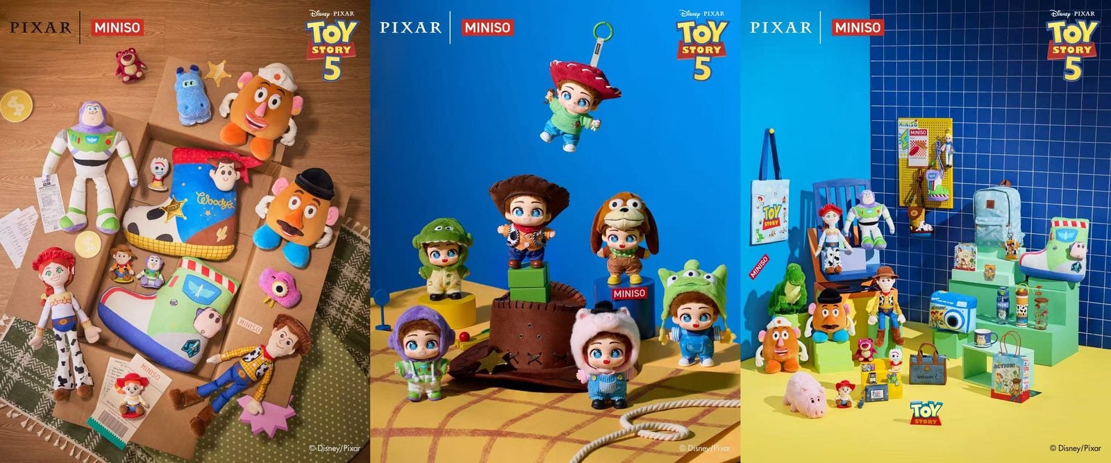 Collage of Toy Story 5 plush toys and Miniso merchandise displayed on wood blue and grid backdrops as a promotional banner