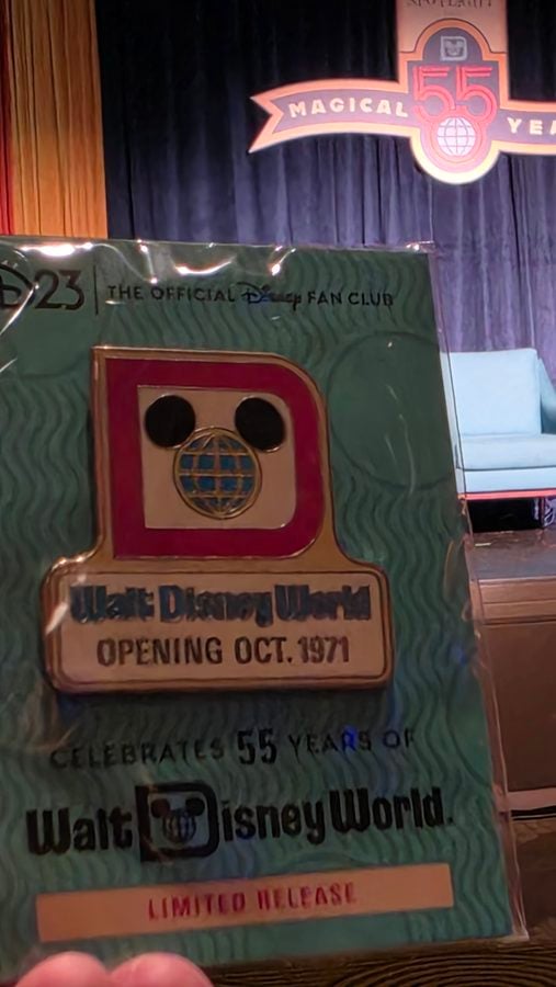 Display board for Walt Disney World D23 55th anniversary with stage backdrop and logo symbols