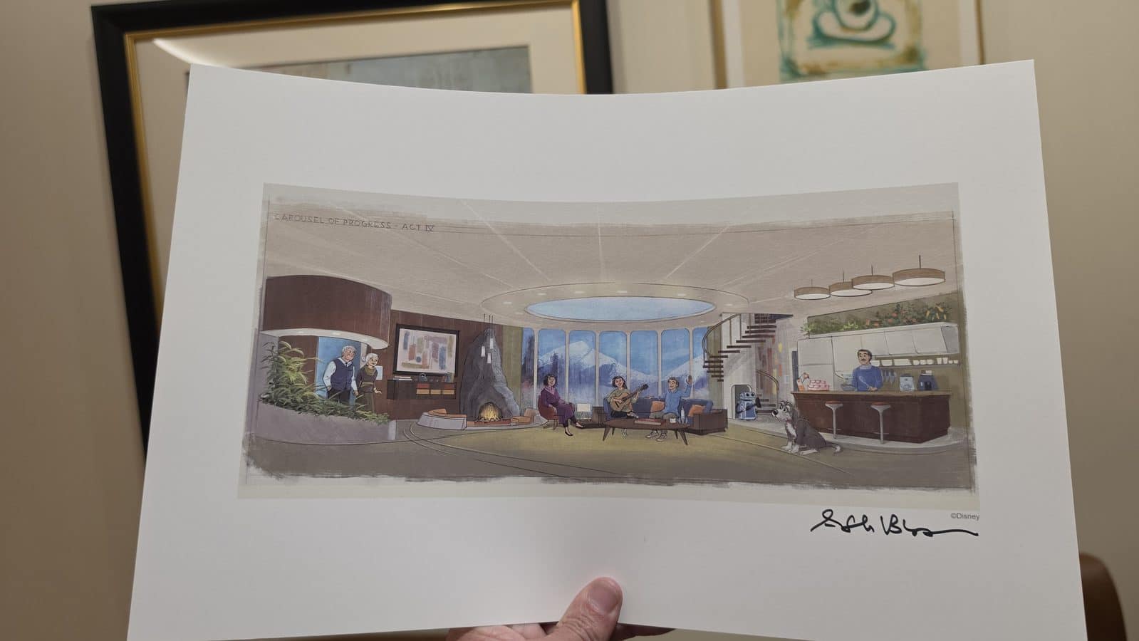 Concept art of a circular lounge with a central fireplace and people gathered labeled Carousel of Progress Act IV