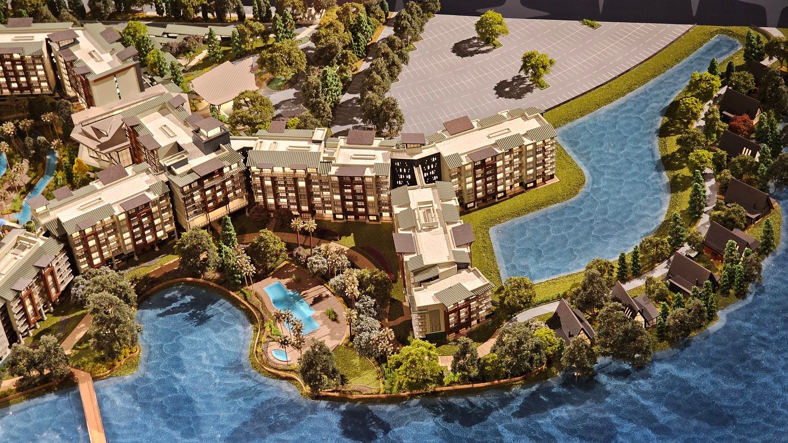 Lakeshore Lodge model resort model Bay Lake lazy river Lake Houses boat dock