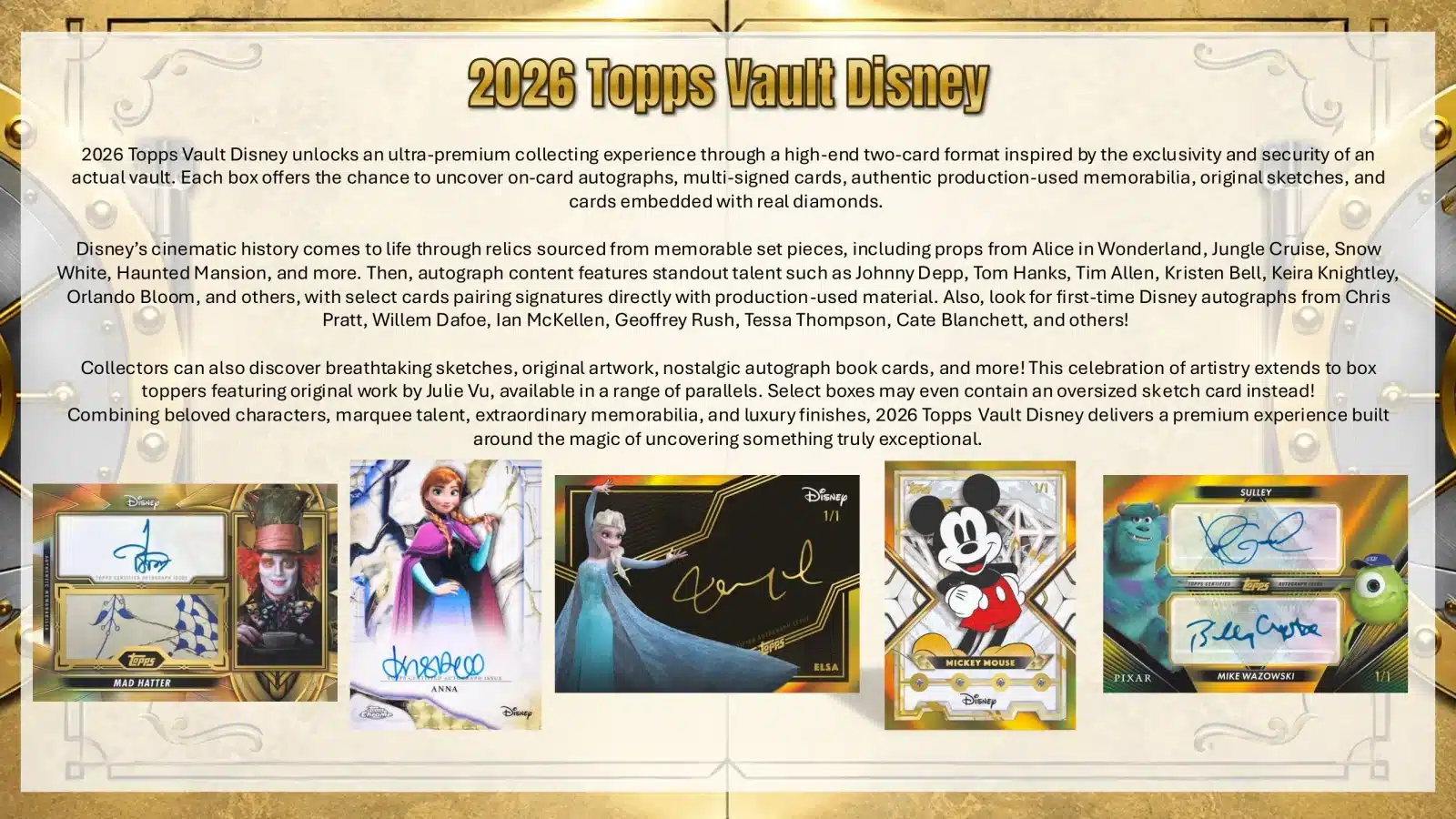2026ToppsVaultDisneySalesSheet02 Fantasy Land News Promotional banner for 2026 Topps Vault Disney detailing ultra premium cards autographs and memorabilia with sample card thumbnails below
