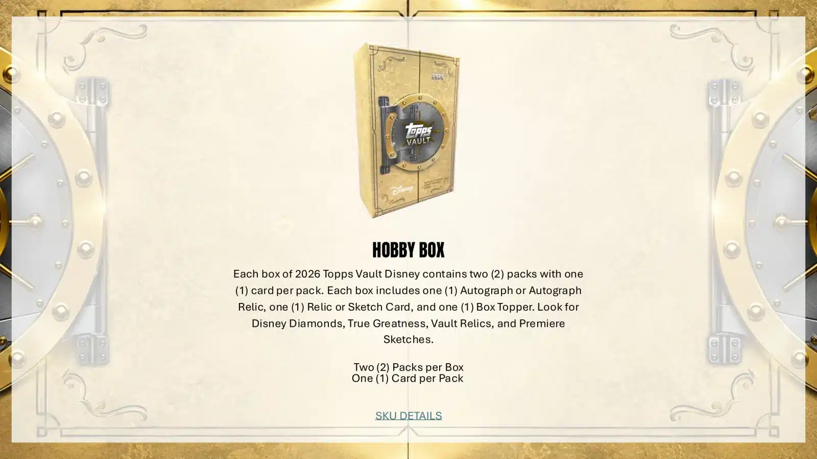 2026ToppsVaultDisneySalesSheet03 Fantasy Land News Hobby Box promotion with a gold Disney Topps Vault box in the center and descriptive text below about contents and packs