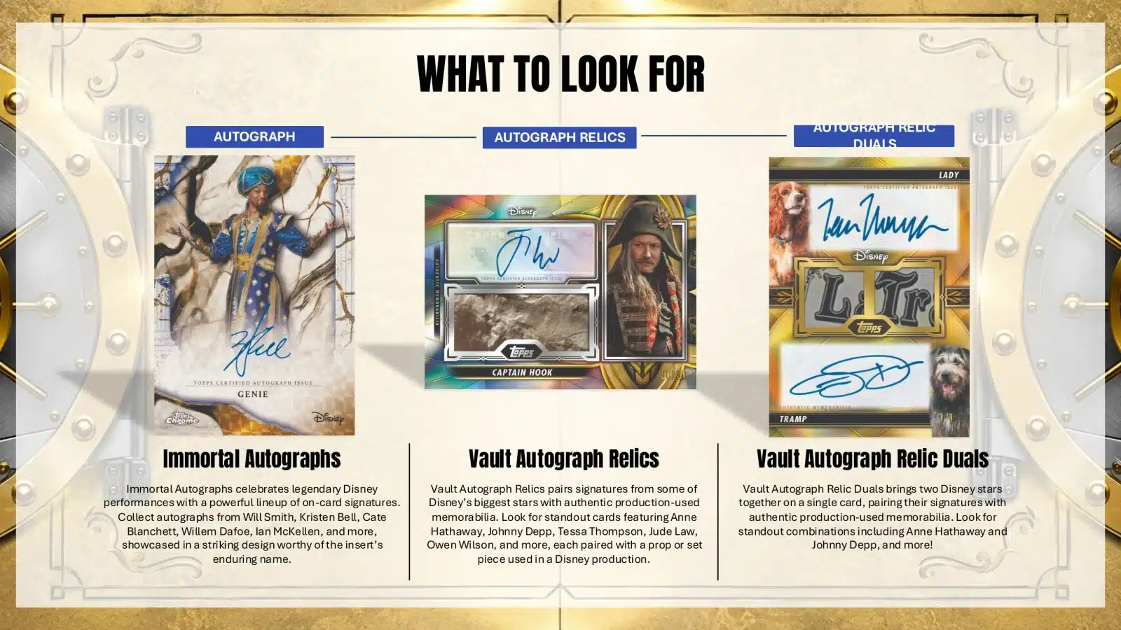 2026ToppsVaultDisneySalesSheet04 Fantasy Land News Infographic titled What to Look For showing three autograph categories Immortal Autographs Vault Autograph Relics and Vault Autograph Relic Duals with sample cards on a fantasy themed layout