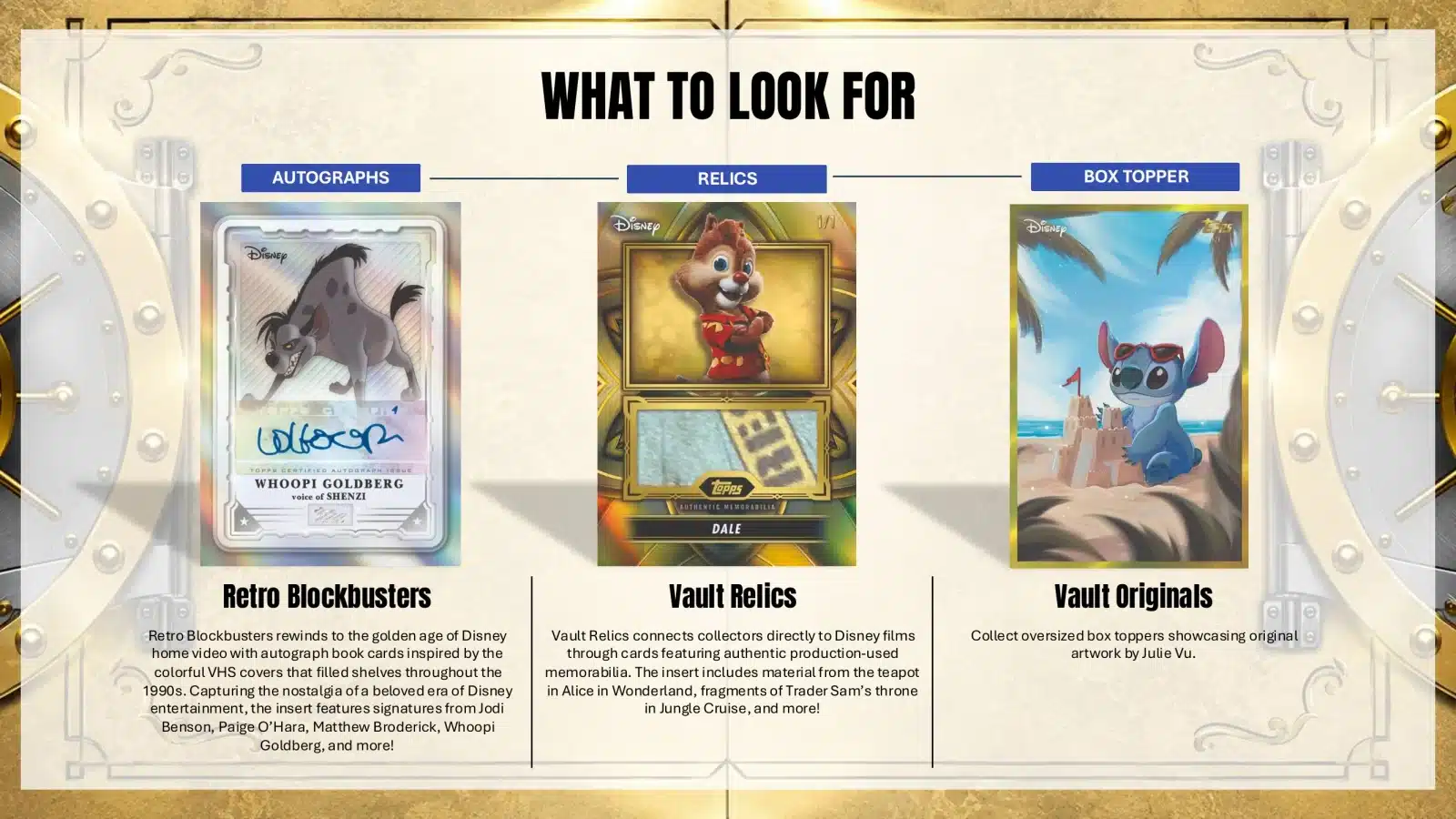 2026ToppsVaultDisneySalesSheet05 Fantasy Land News Infographic header What to Look For with three categories Autographs left Vault Relics center Vault Originals right Shows example cards for each a signed Whoopi Goldberg card a Dale relic card and a beach scene Vault Originals card