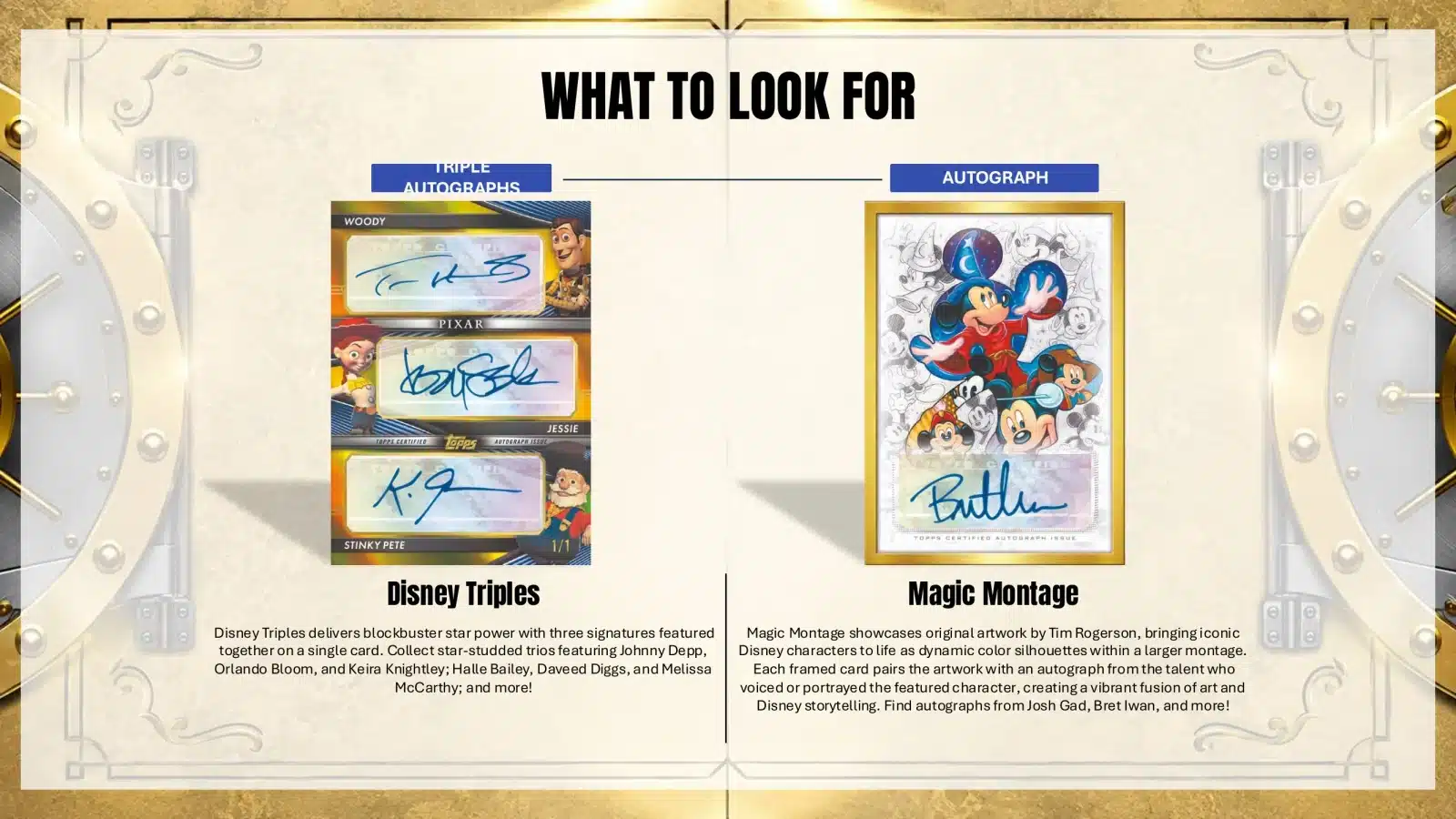 2026ToppsVaultDisneySalesSheet06 Fantasy Land News Infographic titled What to Look For showing a left column labeled Disney Triples with signed Topps cards Woody Jessie Stinky Pete and a right column labeled Magic Montage featuring a framed colored montage of Mickey and friends with autographs