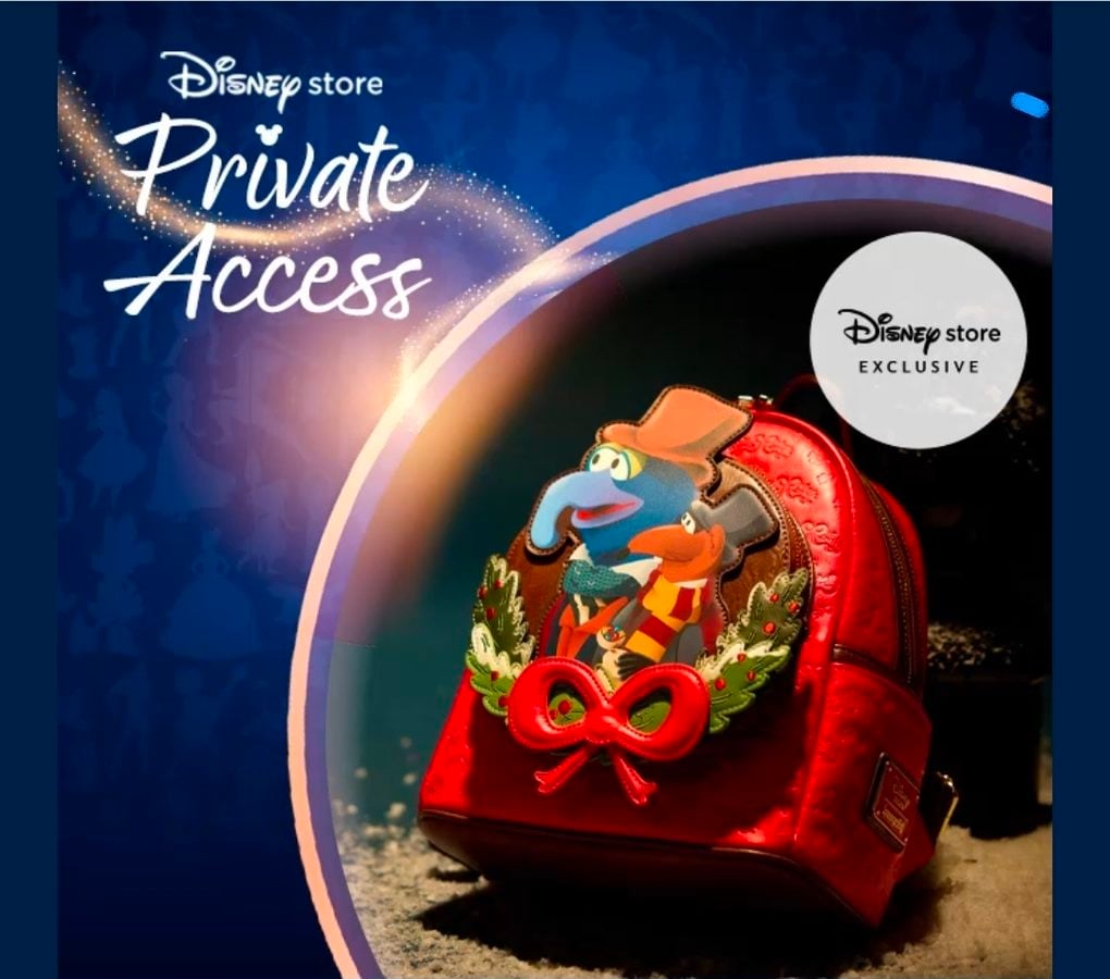 Backpack in bright red with a colorful cartoon patch and a red bow displayed as part of a Disney Store Private Access promotion