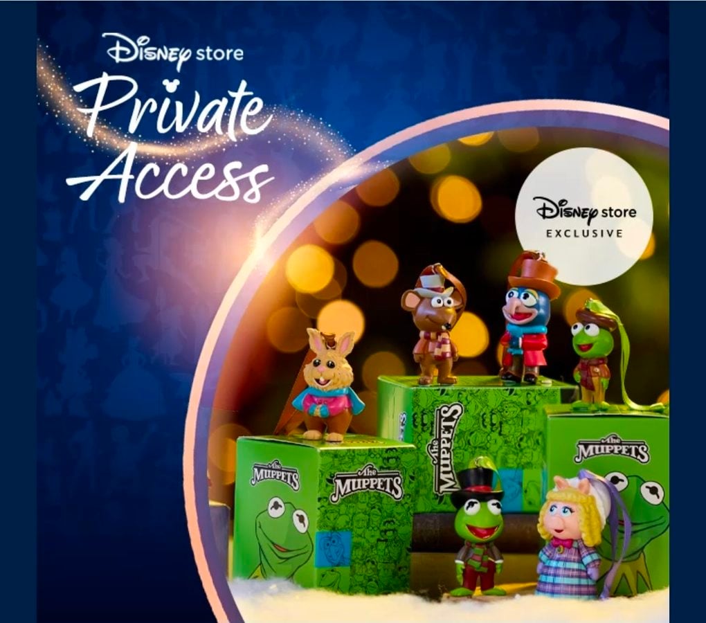 Disney Store Private Access promotion featuring Muppets figurines on green display boxes labeled ExclusiveCircle
