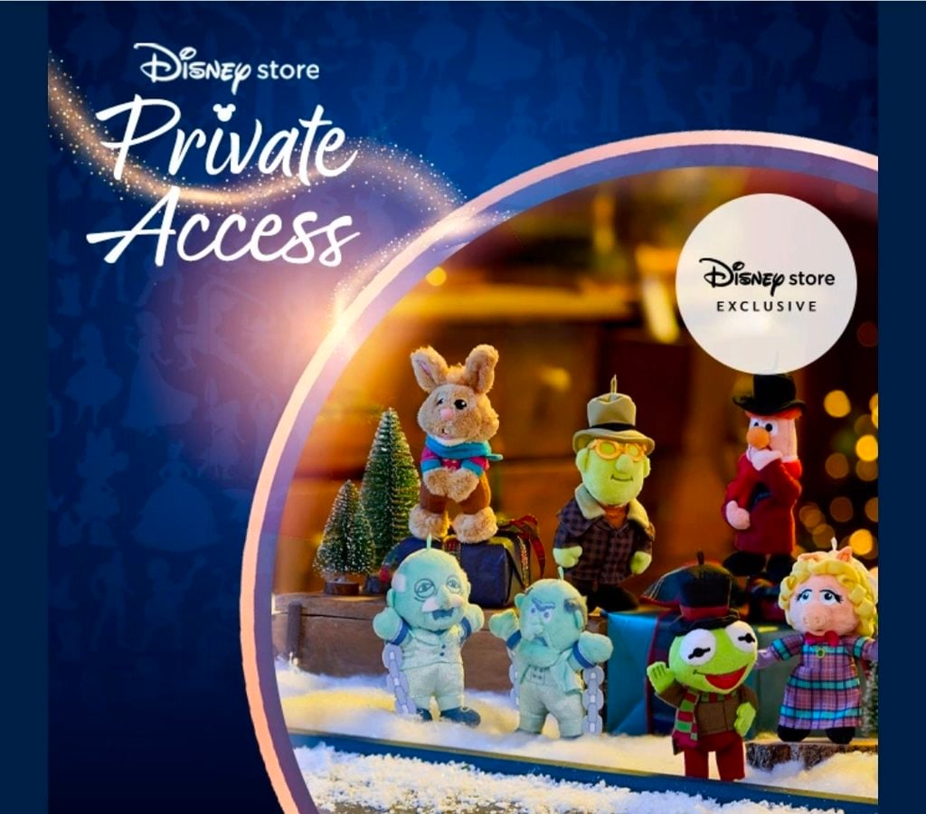 Promotional image for Disney Store Private Access showing plush Disney characters on a snowy display case