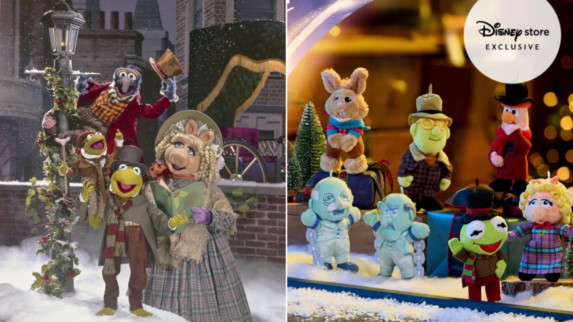Group of colorful puppets in a snowy holiday street, left side with a lamppost and garland; right side shows a festive display of plush characters and decorations.
